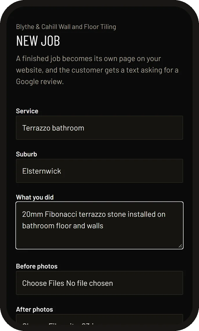 The tradie's private job form on a phone, filled in with Service: Terrazzo bathroom, Suburb: Elsternwick and a line on what they did