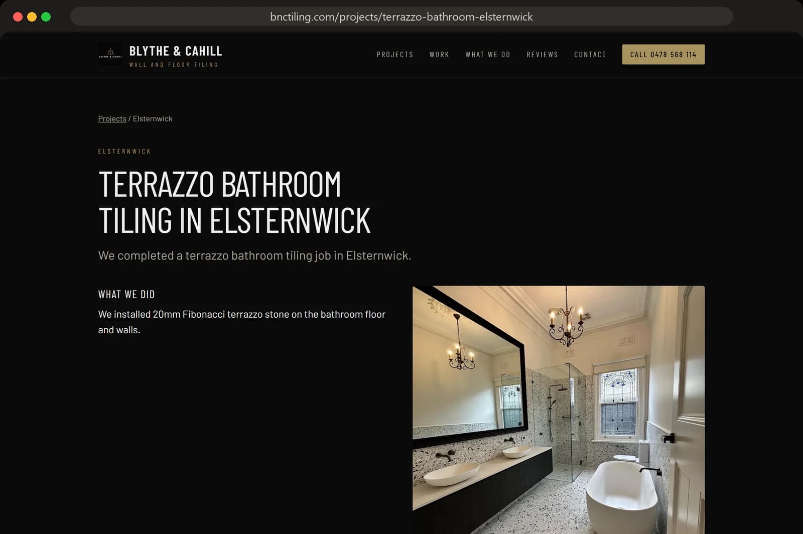 The live job page Terrazzo Bathroom Tiling in Elsternwick on bnctiling.com, with a before and after slider and a short write-up, shown in a desktop browser