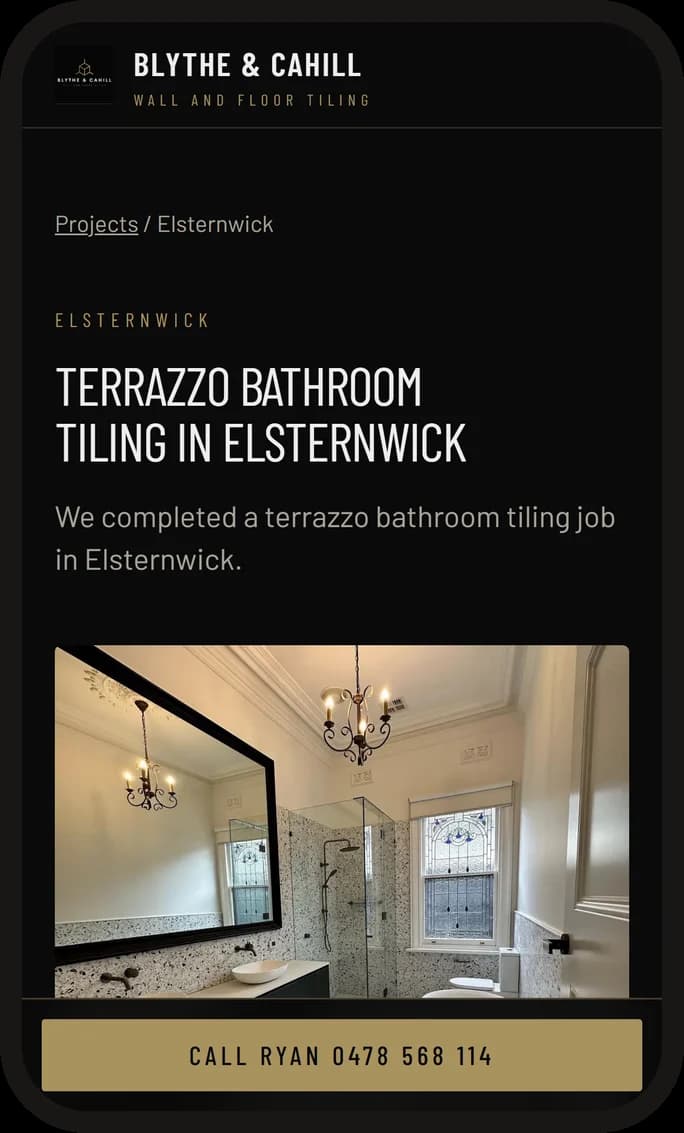 The finished job page Terrazzo Bathroom Tiling in Elsternwick on bnctiling.com, on a phone