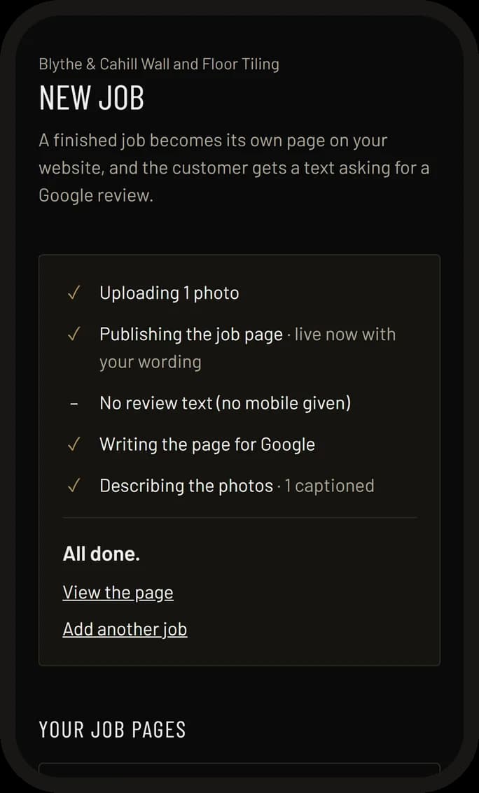 The publishing progress list on a phone: photo uploaded, job page published, page written for Google, photos described, all done