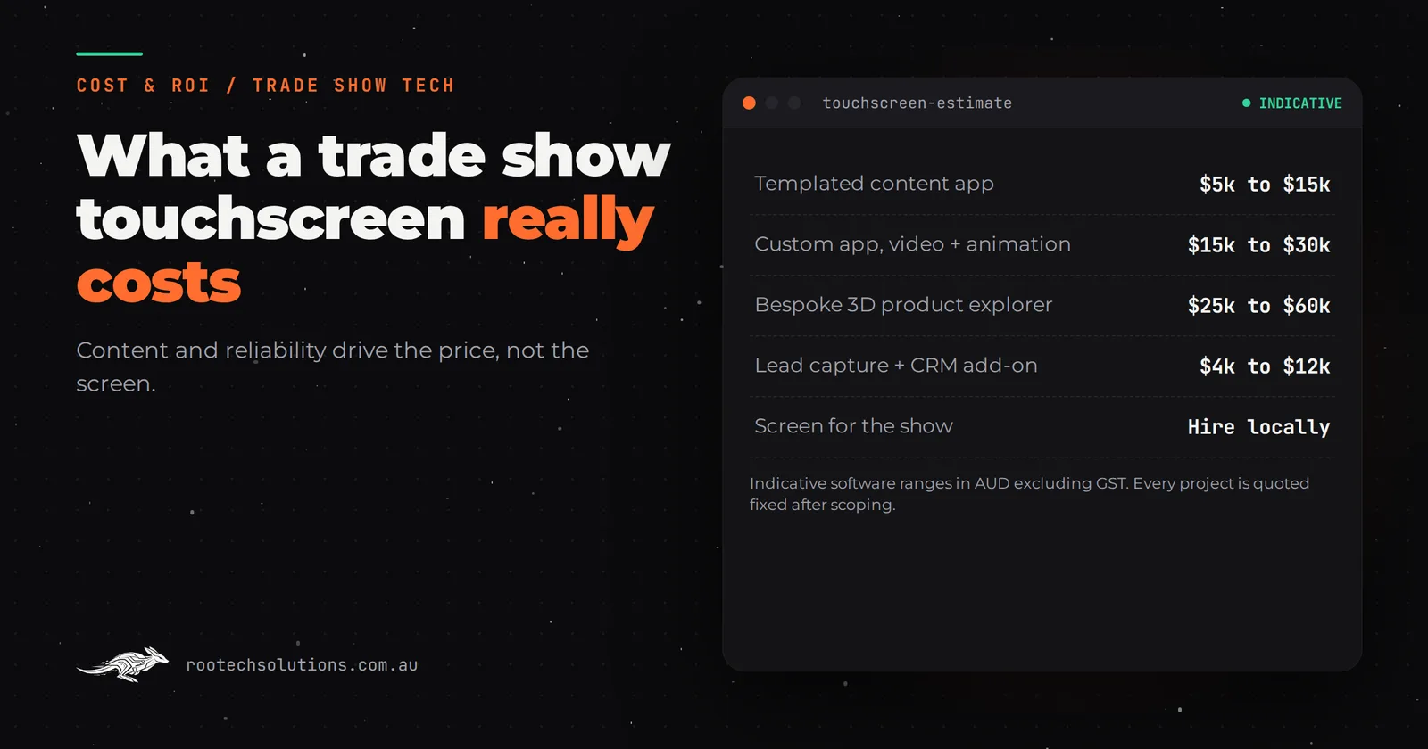 Trade show touchscreen cost breakdown: indicative software ranges for a templated app, a custom touchscreen, a bespoke 3D build and lead capture, with hardware hired separately.