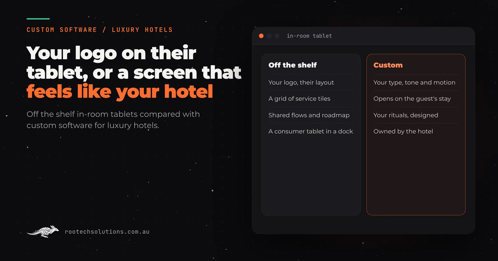 In-room tablets for luxury hotels: an off the shelf tablet platform with the hotel's logo on a grid of tiles, compared with custom in-room software designed around the guest's stay.