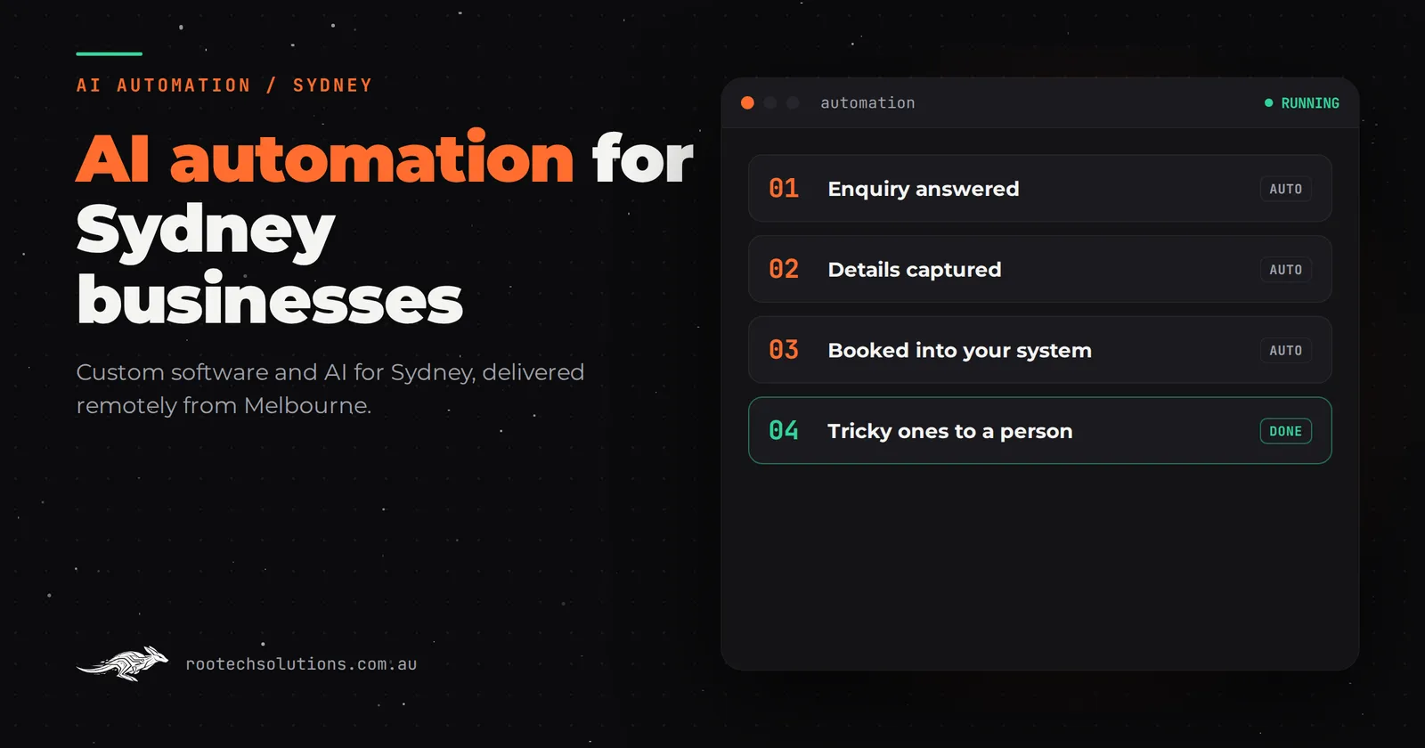 AI automation for Sydney businesses: a workflow that captures the enquiry, sorts it and books it into the tools you already run.