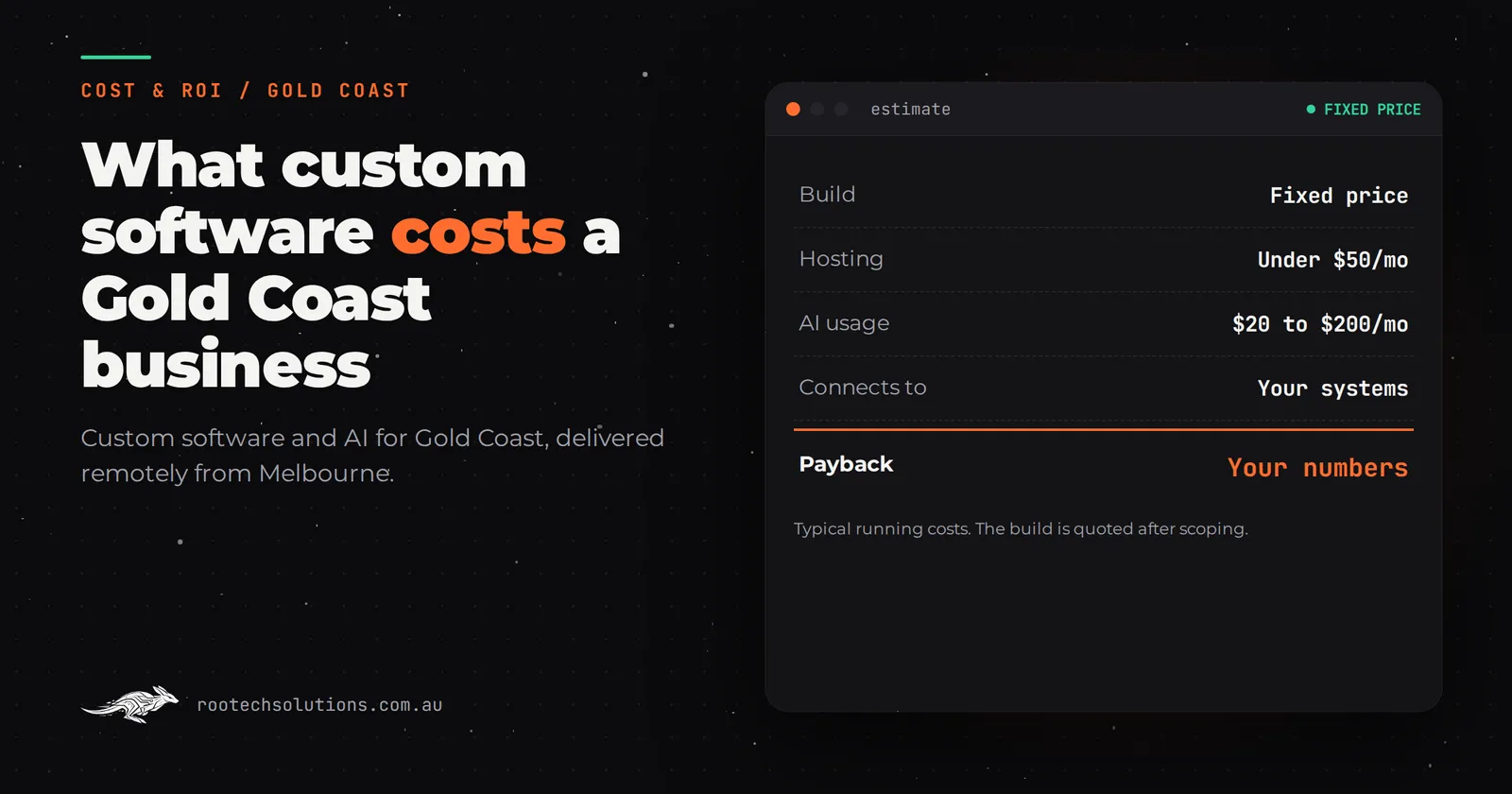 What custom software costs a Gold Coast business: a fixed-price build, hosting usually under $50 a month and AI usage typically $20 to $200 a month.