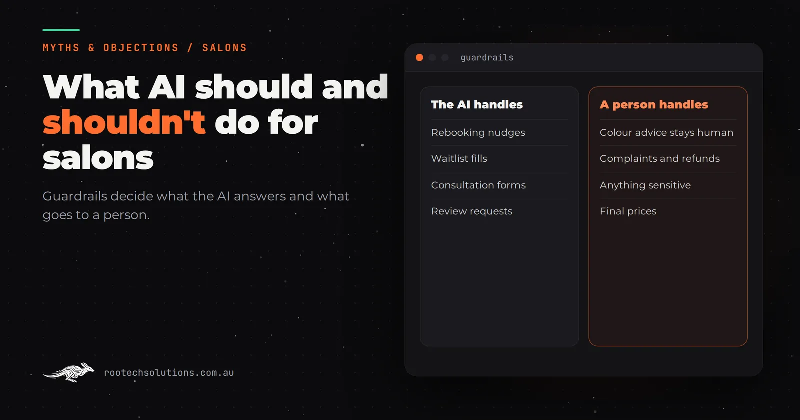 What AI should and should not do for salons: routine work automated, judgement and sensitive calls kept human.