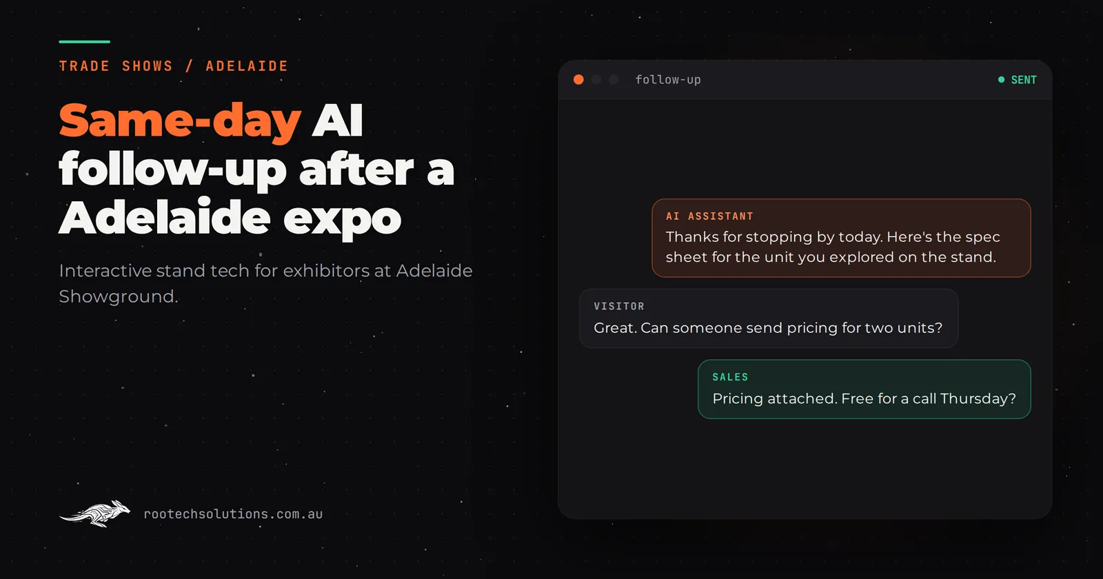 Same-day AI follow-up after a Adelaide expo: an illustrative follow-up conversation for an interactive trade show stand in Adelaide.
