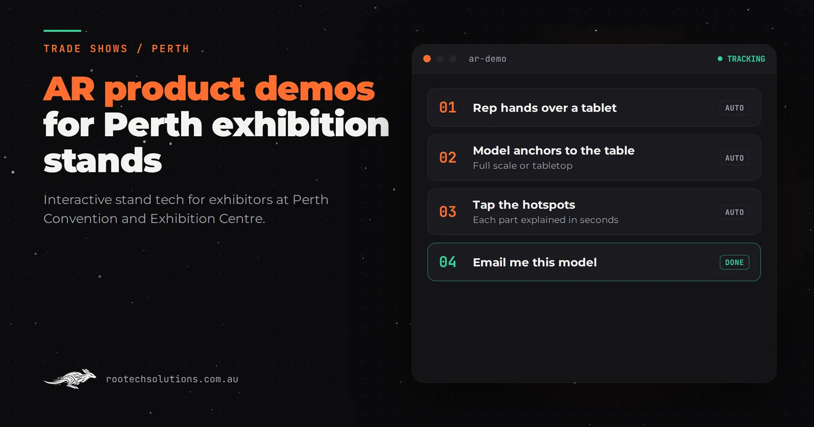 AR product demos for Perth exhibition stands: an illustrative step-by-step flow for an interactive trade show stand in Perth.