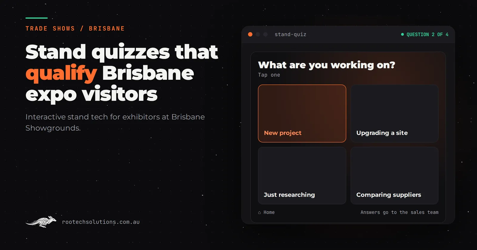 Stand quizzes that qualify Brisbane expo visitors: an illustrative touchscreen app for an interactive trade show stand in Brisbane.