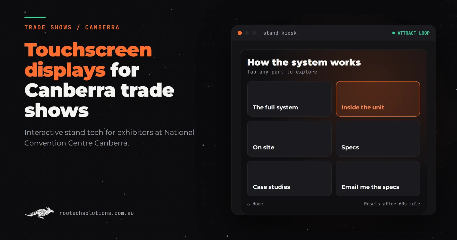Touchscreen displays for Canberra trade shows: an illustrative touchscreen app for an interactive trade show stand in Canberra.