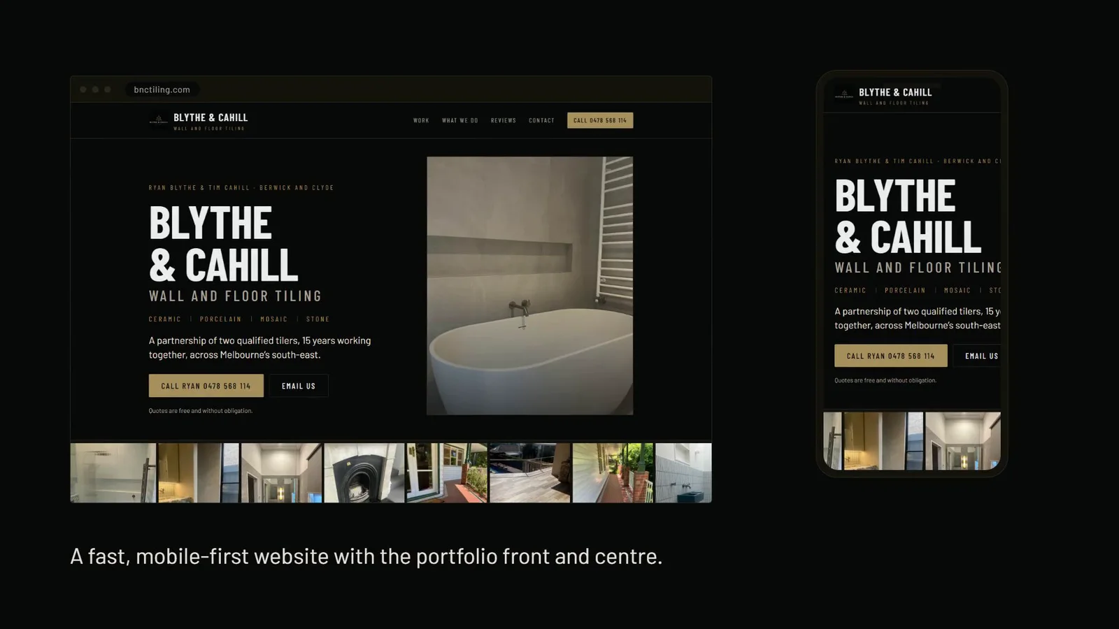The Blythe and Cahill Tiling website on desktop and phone: the tilers' names, a call button, a quote request and a strip of their finished work.
