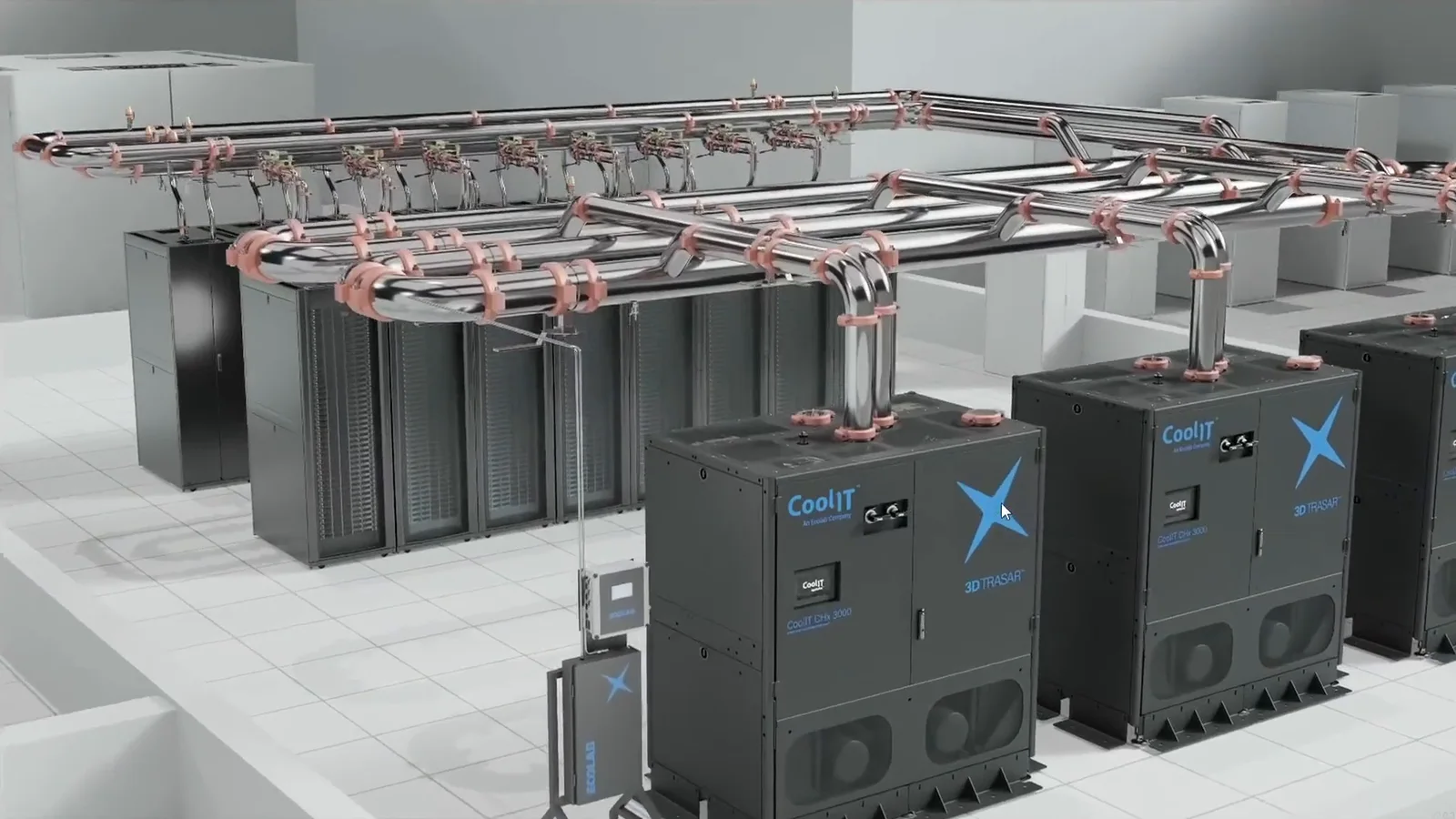 The CoolIT Systems touchscreen: a 3D liquid-cooled data centre with coolant distribution units and piping, with touch hotspots and home, email and back buttons.