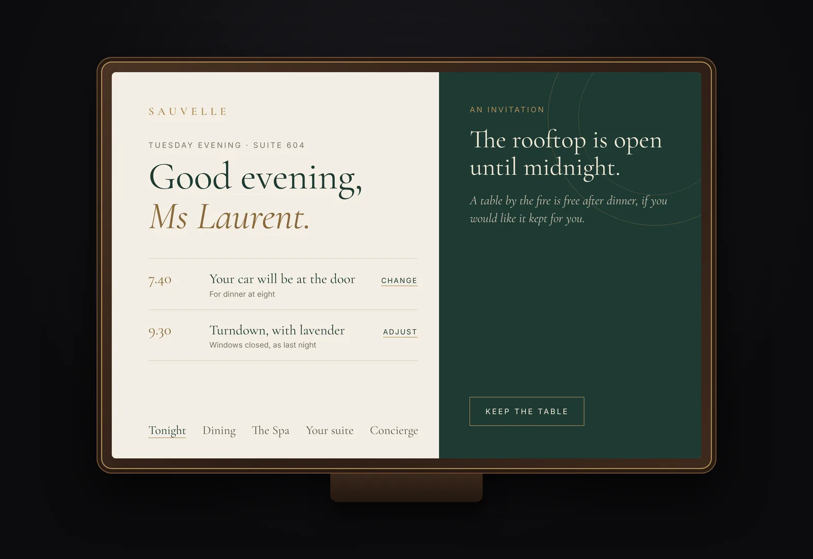 An illustrative custom in-room screen for the same fictional hotel, Hôtel Sauvelle: an evening greeting to the guest by name, the time their car will be at the door, a turndown preference, and one invitation to the hotel's rooftop, set in the hotel's own serif typeface and colours.