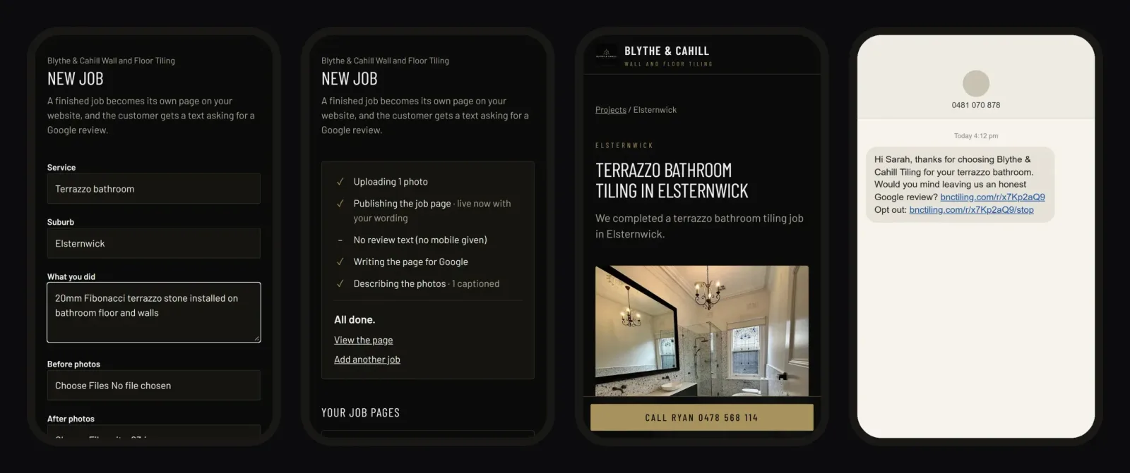 The job form on a phone, the publishing checklist, the live job page and the customer's review text, as they appear for Blythe and Cahill Tiling.