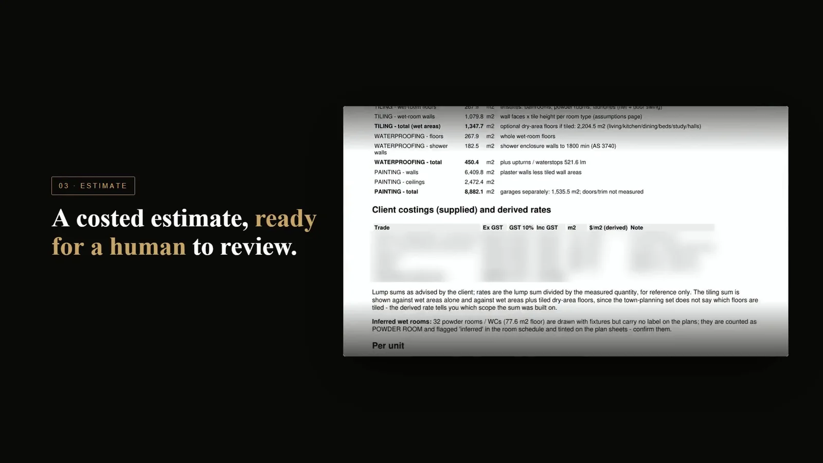 A costed estimate generated by the Logic Building Co AI estimator from the measured quantities, ready for a person to review.
