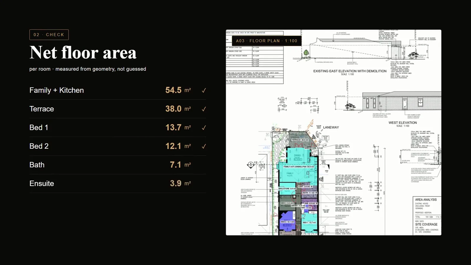Net floor areas per room measured from the plan geometry by the Logic Building Co AI estimator, each checked against the architect's schedule.