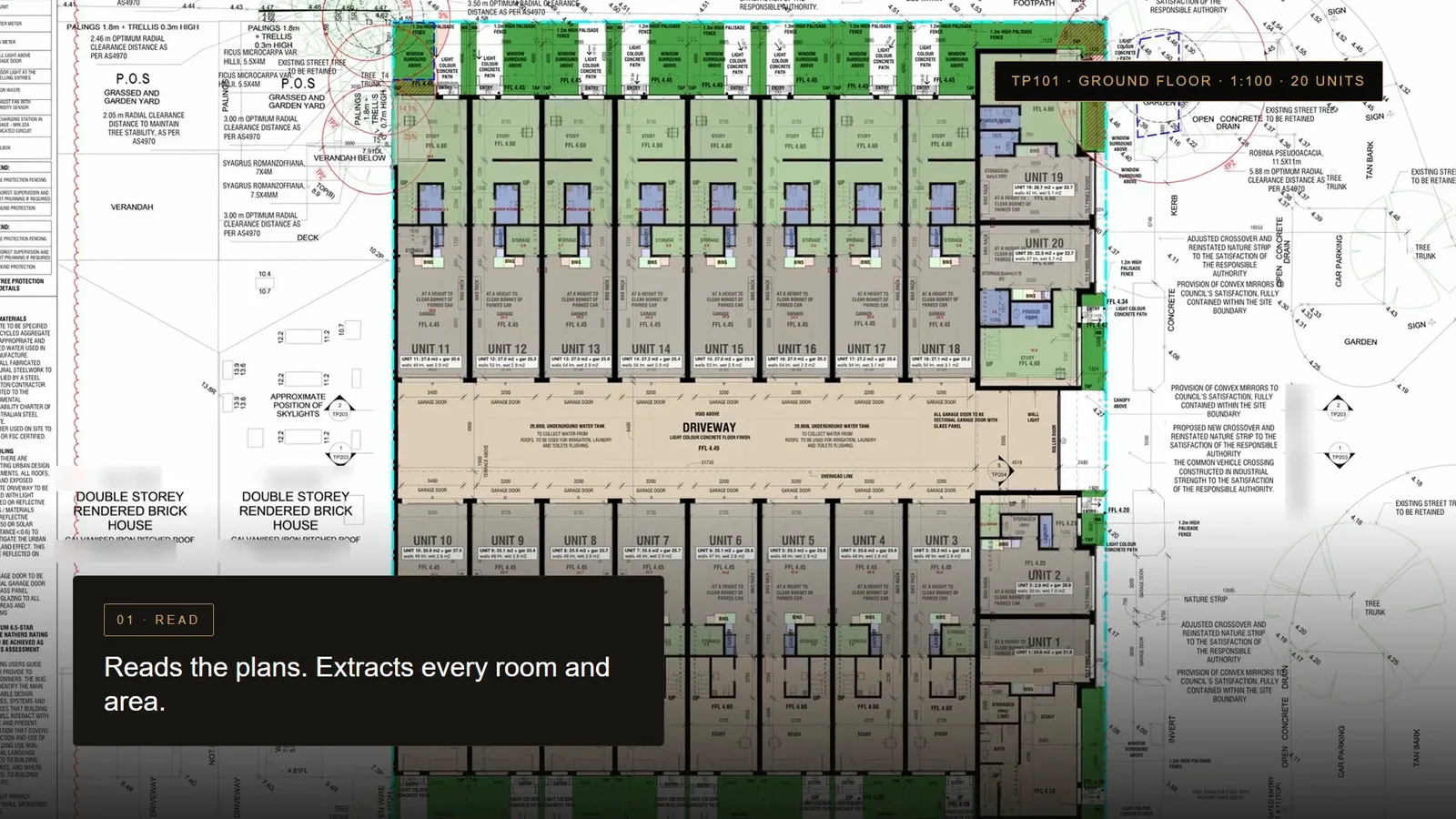 The Logic Building Co AI takeoff estimator reading a ground floor plan for a twenty-unit development and extracting every room and area.