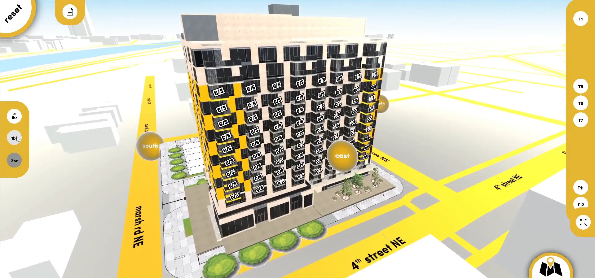 The Minto Apartments sales office touchscreen: a 3D model of the tower on its site with units highlighted in Minto's yellow by bedroom count, a bedroom filter on the left, a floor selector on the right and buttons for each view.