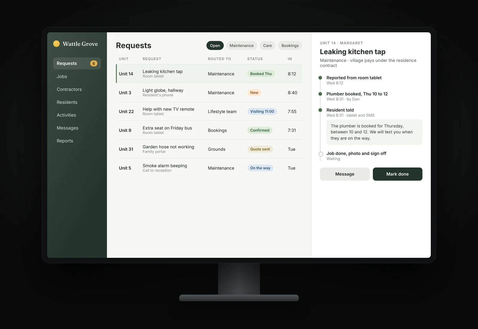 An illustrative staff dashboard for the same fictional village: a queue of open requests from units, each with a type, the team it is routed to, its status and the time it came in, beside a panel for the selected job showing the contractor booking and the message sent to the resident.