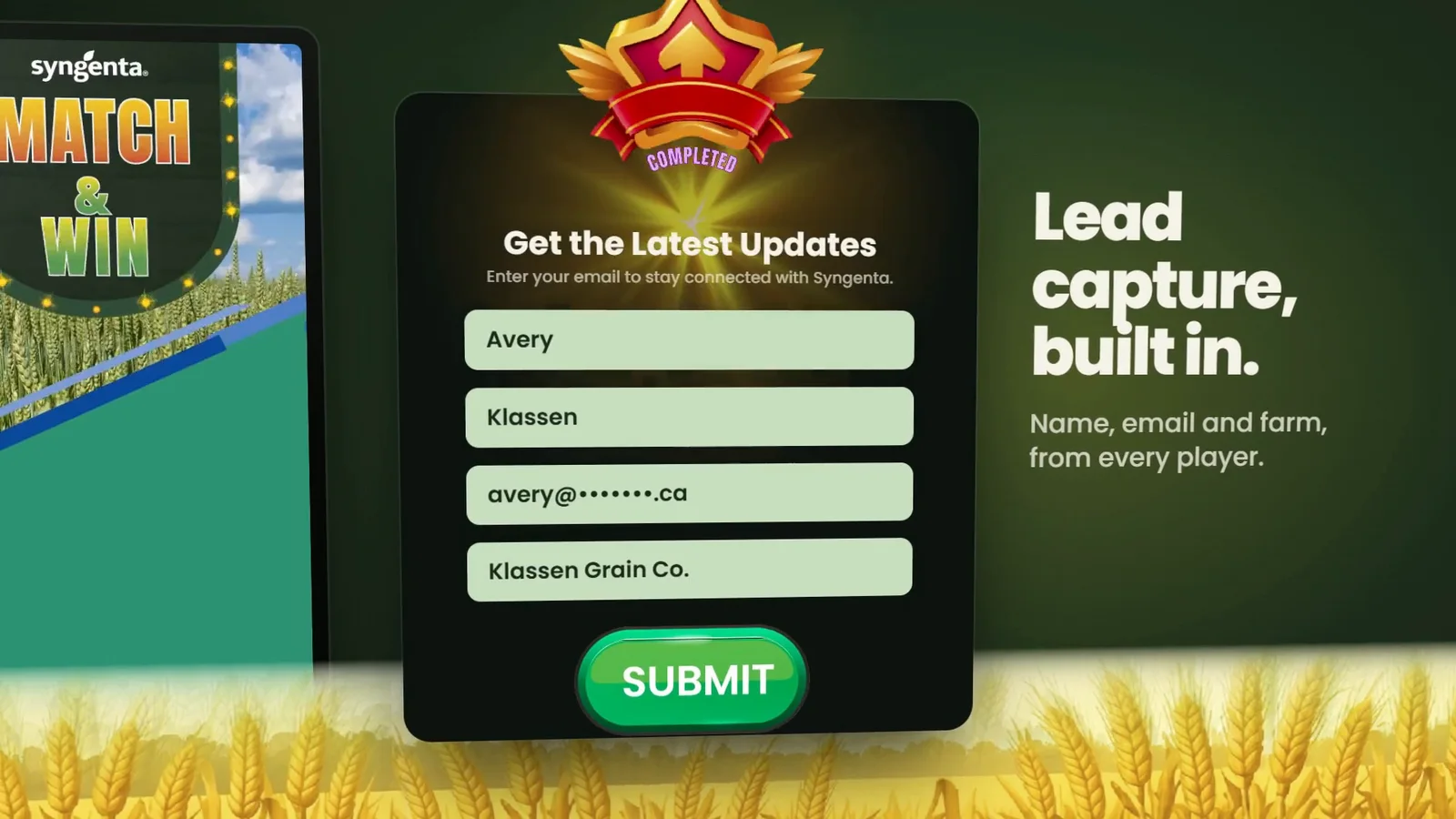 The lead capture screen at the end of the Syngenta Match and Win game, asking for first name, last name, email and farm or company.