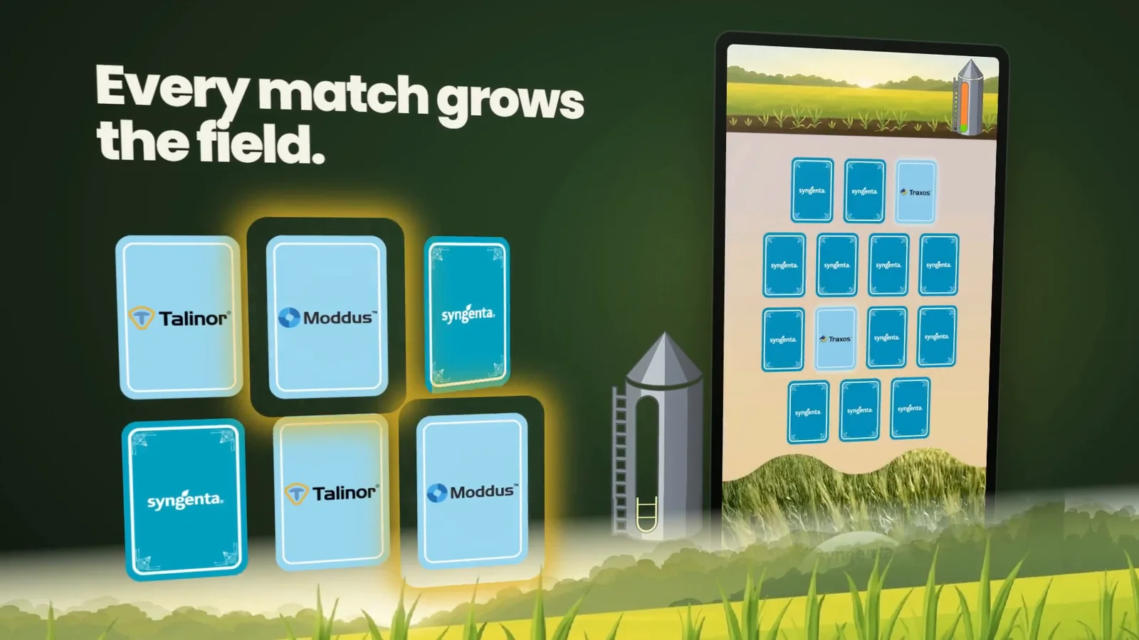 The Syngenta Match and Win touchscreen game: brand cards being matched on a portrait screen while the wheat field grows.