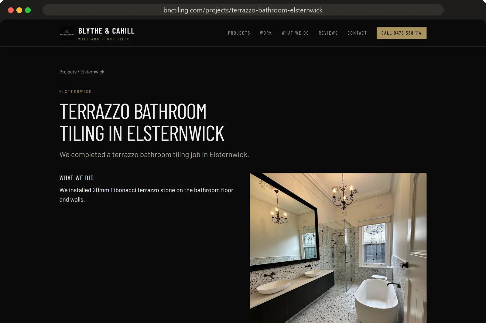 The live job page Terrazzo Bathroom Tiling in Elsternwick on bnctiling.com, with a before and after slider and a short write-up, shown in a desktop browser.